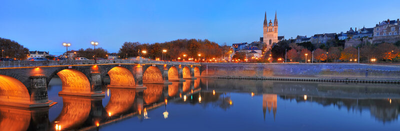 Stone Bridge over River — Blue, Serene, Night, Photograph, Cathedral