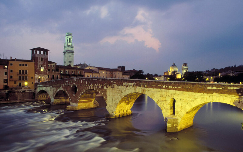Stone Bridge over River — Blue, Serene, Night, Photograph