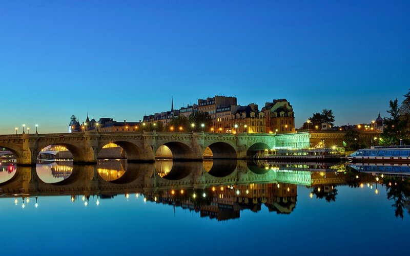 Stone Bridge over River — Blue, Serene, Night