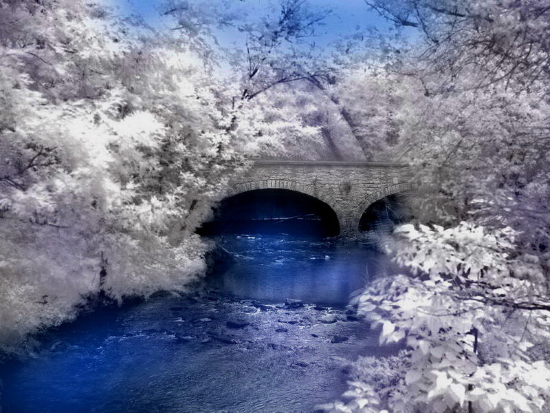 Stone Bridge over River — Blue, Serene, Photograph