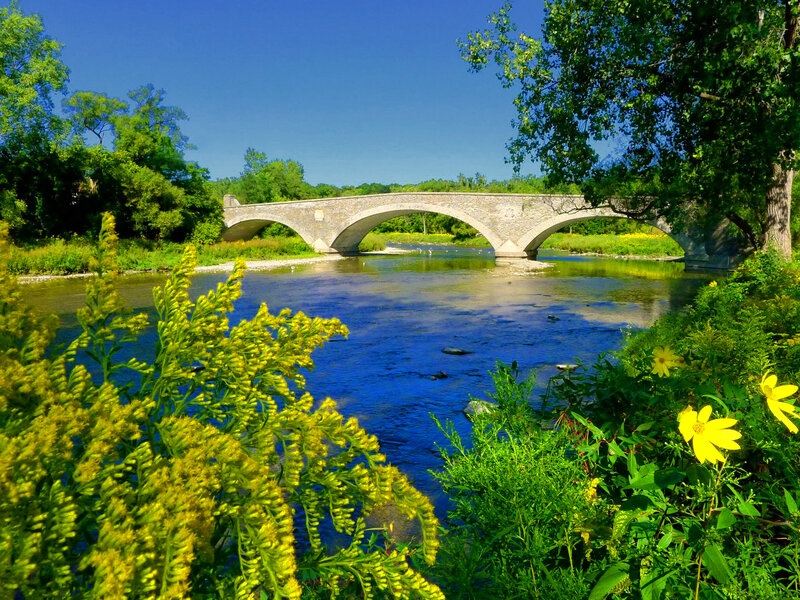 Stone Bridge over River — Blue, Serene, Summer