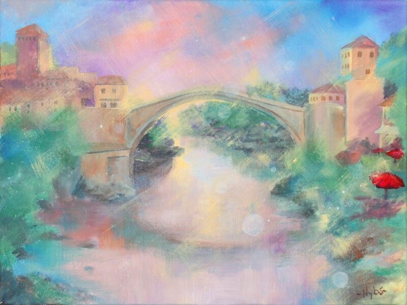 Stone Bridge over River — Blue, Serene, Sunset, Painting