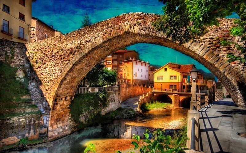 Stone Bridge over River — Blue, Serene