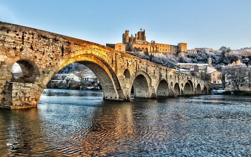 Stone Bridge over River — Blue, Serene, Winter, Photograph, Castle
