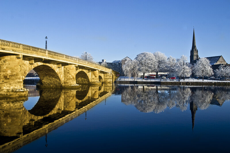 Stone Bridge over River — Blue, Serene, Winter, Photograph