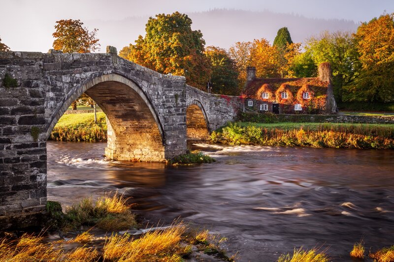 Stone Bridge over River — Brown, Serene, Autumn, Photograph, Cottage