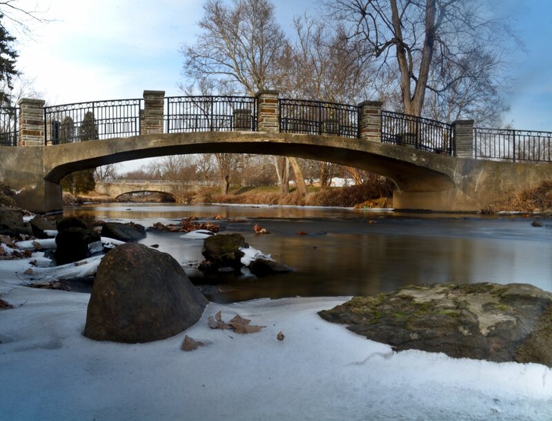 Stone Bridge over River — Brown, Serene, Winter