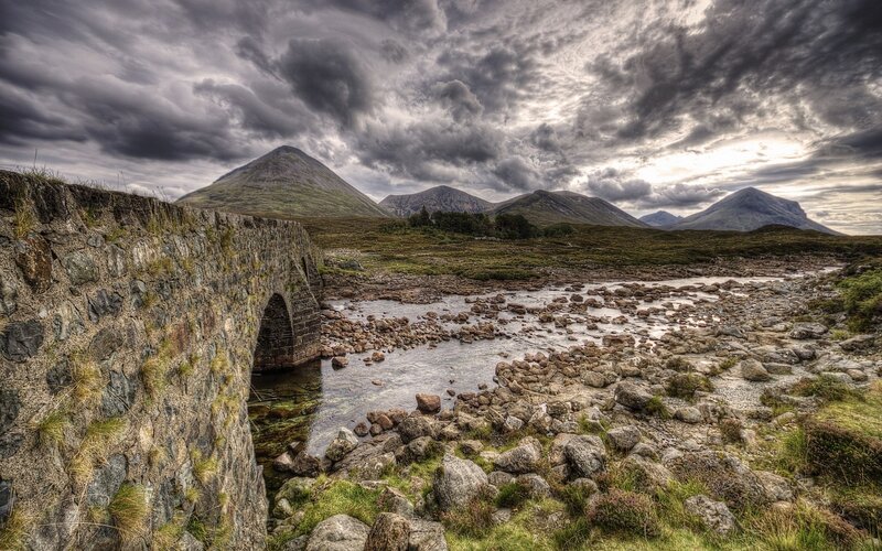 Stone Bridge over River — Gray, Dramatic, Afternoon, Photograph
