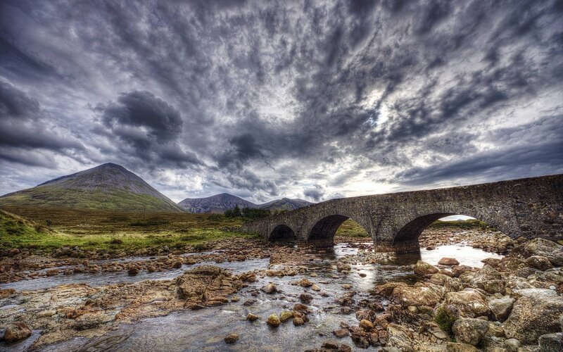 Stone Bridge over River — Gray, Dramatic, Photograph, Mountains