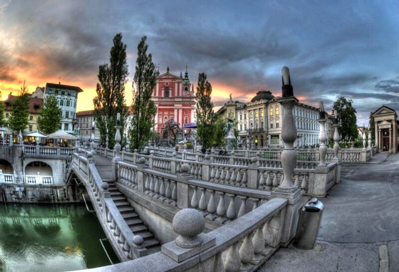 Stone Bridge over River — Gray, Dramatic, Sunset
