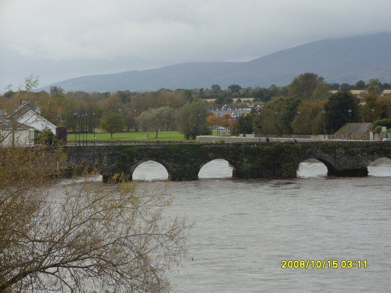 Stone Bridge over River — Gray, Overcast, Autumn, Photograph