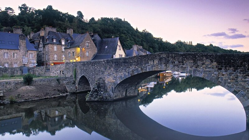 Stone Bridge over River — Gray, Serene, Sunset, Photograph