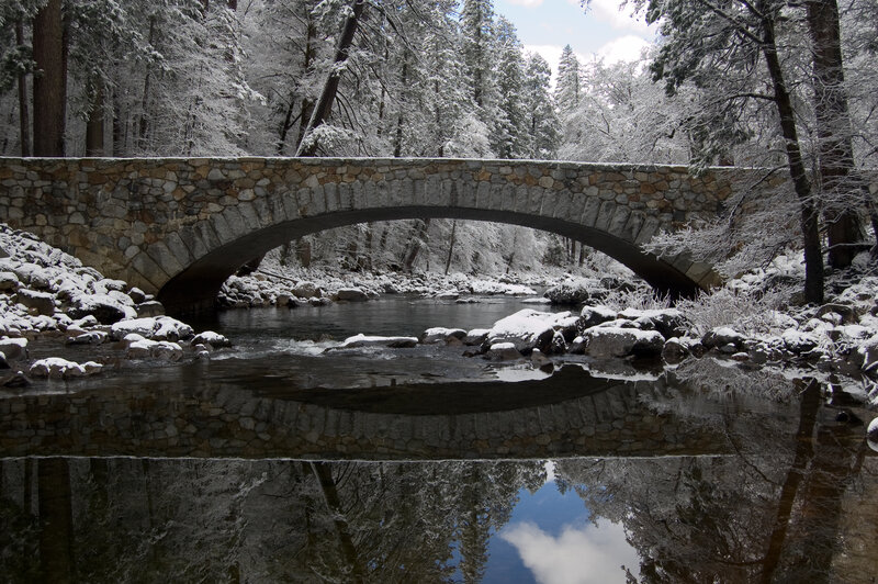 Stone Bridge over River — Gray, Serene, Winter, Photograph