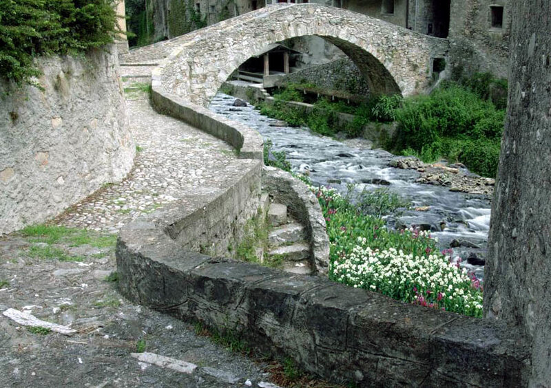 Stone Bridge over River — Gray