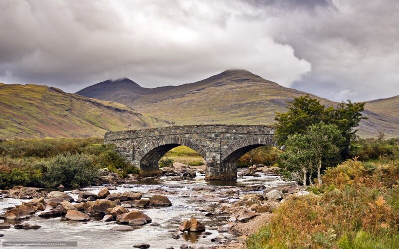 Stone Bridge over River — Green, Dramatic, Afternoon, Photograph, Mountains, Trees