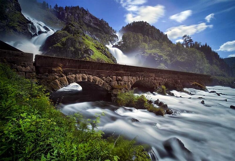 Stone Bridge over River — Green, Dramatic, Afternoon, Photograph