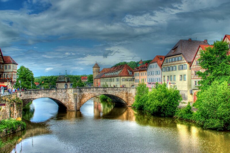 Stone Bridge over River — Green, Dramatic, Afternoon