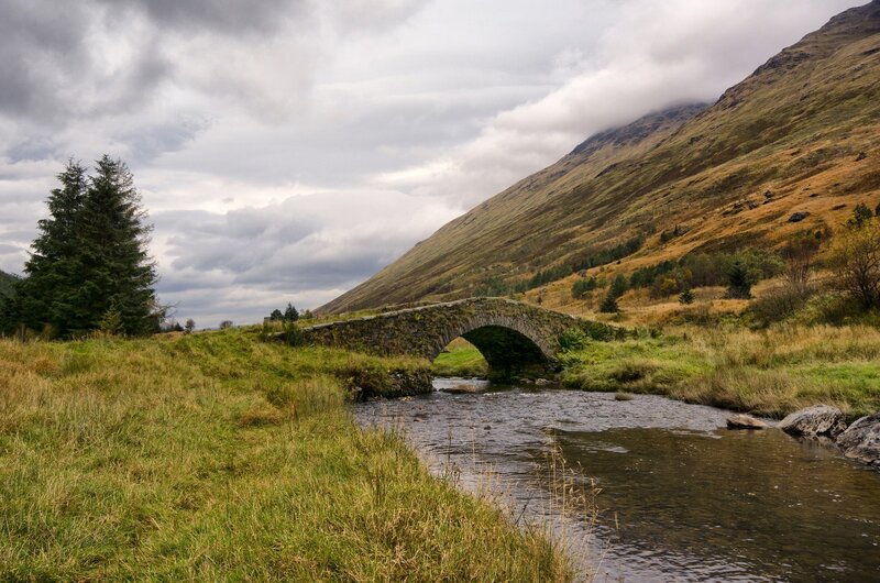 Stone Bridge over River — Green, Dramatic, Autumn, Photograph
