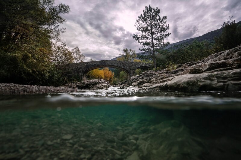 Stone Bridge over River — Green, Dramatic, Autumn, Photograph, Trees