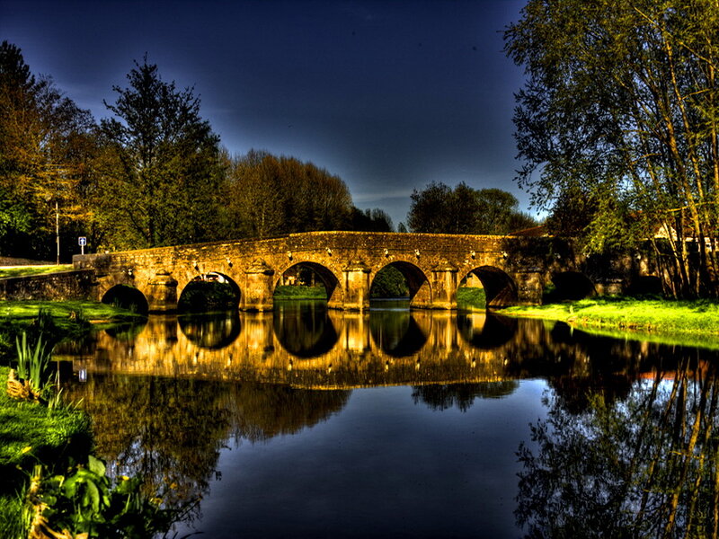 Stone Bridge over River — Green, Dramatic, Night