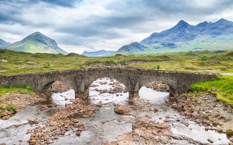 Stone Bridge over River — Green, Dramatic, Photograph, Mountains, Grassland