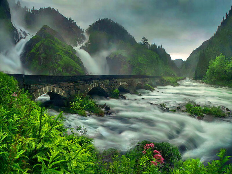 Stone Bridge over River — Green, Dramatic, Photograph, Mountains