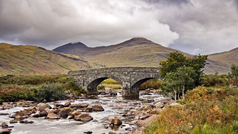 Stone Bridge over River — Green, Dramatic, Photograph, Mountains, Trees