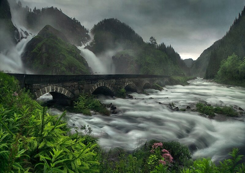 Stone Bridge over River — Green, Dramatic, Photograph