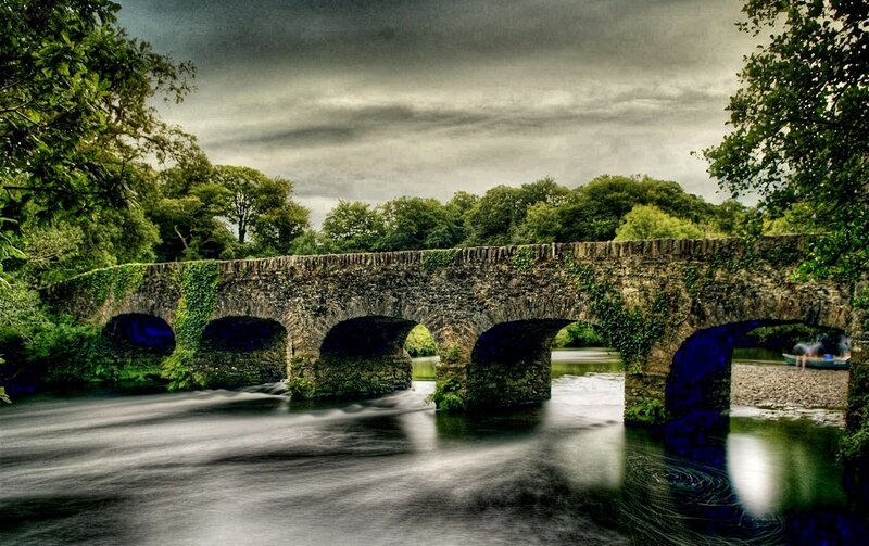 Stone Bridge over River — Green, Dramatic, Photograph, Trees