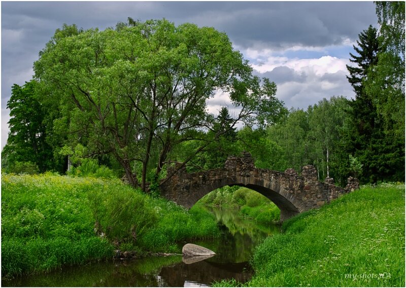 Stone Bridge over River — Green, Dramatic, Summer