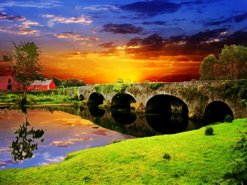 Stone Bridge over River — Green, Dramatic, Sunset, Digital Art