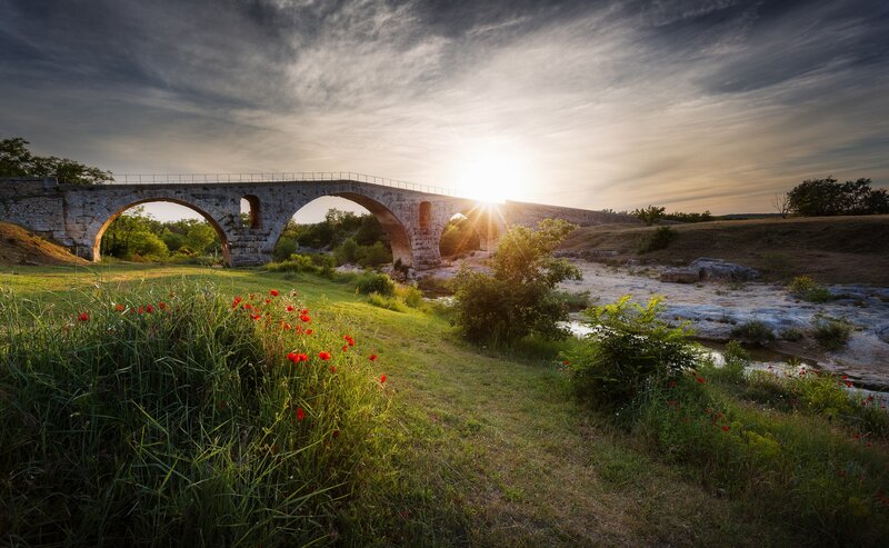 Stone Bridge over River — Green, Dramatic, Sunset, Photograph