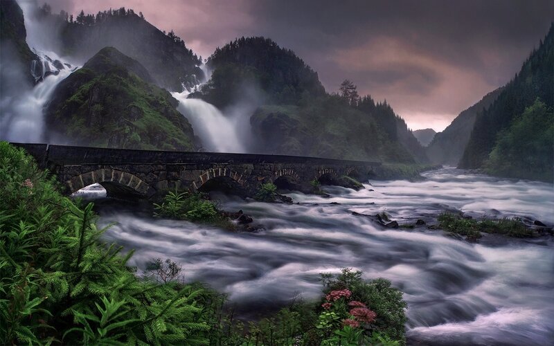 Stone Bridge over River — Green, Dramatic, Sunset, Photograph, Waterfall, Mountain