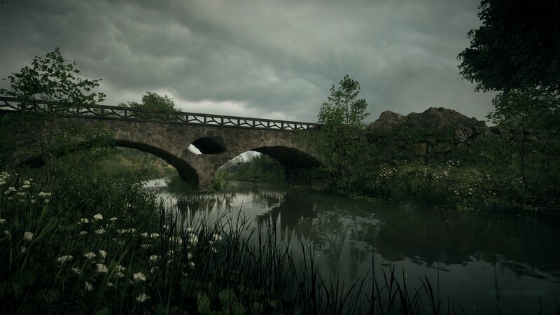 Stone Bridge over River — Green, Dreary