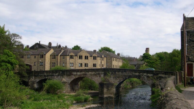 Stone Bridge over River — Green, Serene, Afternoon, Photograph, Buildings, Trees, Gray