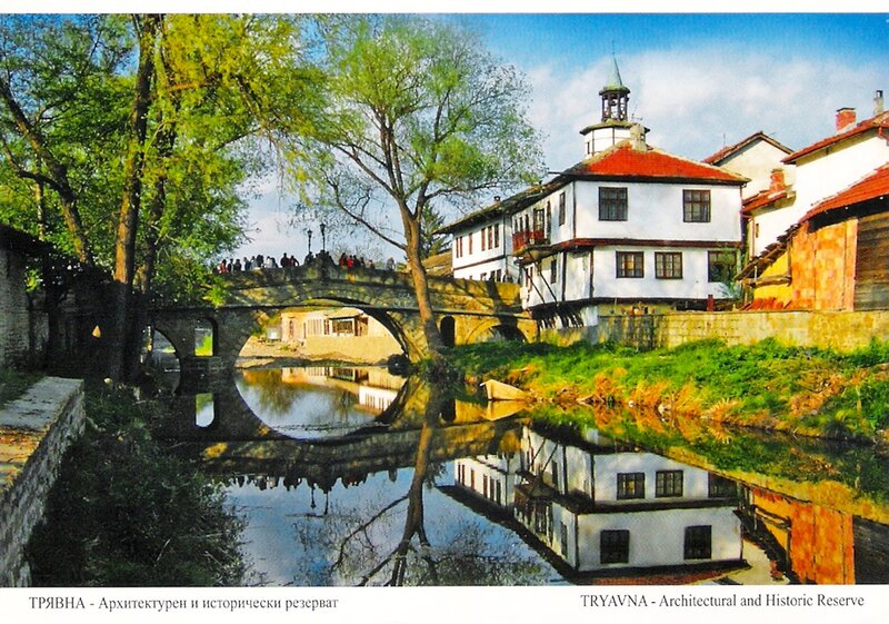 Stone Bridge over River — Green, Serene, Afternoon, Photograph, Buildings, Trees