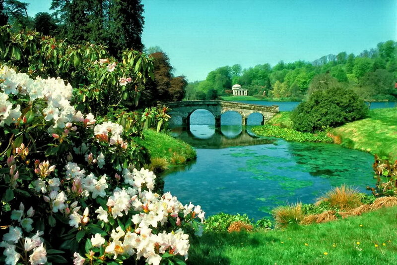 Stone Bridge over River — Green, Serene, Afternoon, Photograph, Flowers