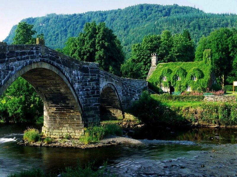 Stone Bridge over River — Green, Serene, Afternoon, Photograph, House, Trees, Mountain