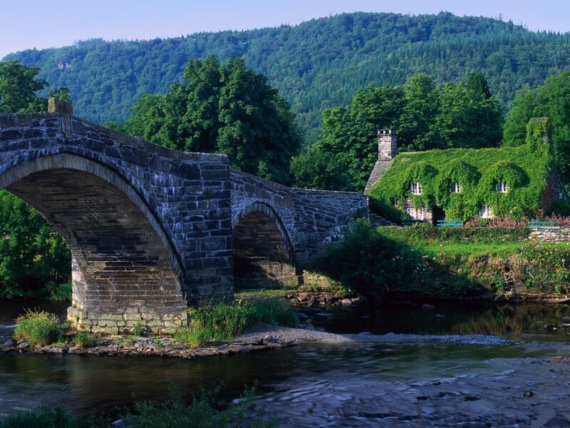 Stone Bridge over River — Green, Serene, Afternoon, Photograph, House, Trees