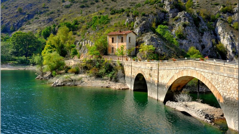 Stone Bridge over River — Green, Serene, Afternoon, Photograph, Mountain, Building