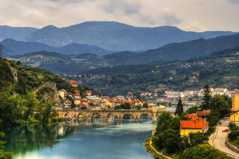Stone Bridge over River — Green, Serene, Afternoon, Photograph, Mountains, Town