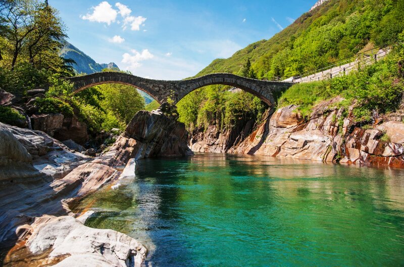 Stone Bridge over River — Green, Serene, Afternoon, Photograph, Mountains, Trees