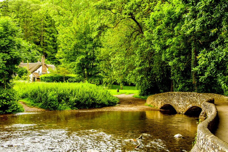 Stone Bridge over River — Green, Serene, Afternoon, Photograph, Trees, Cottage