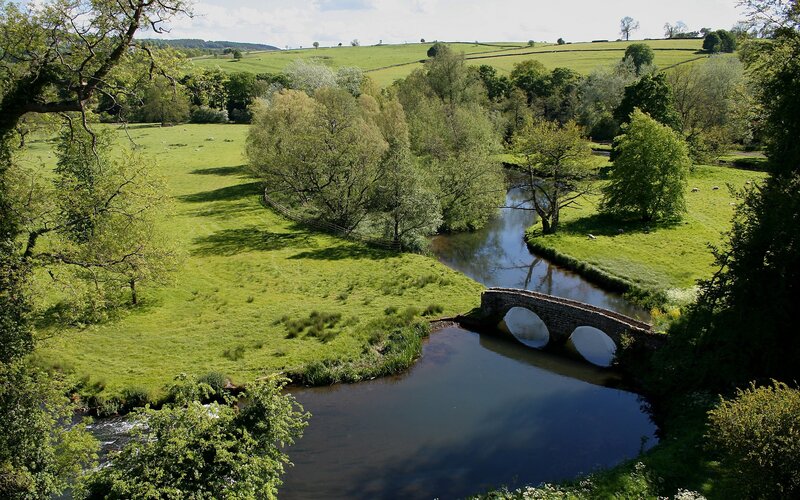 Stone Bridge over River — Green, Serene, Afternoon, Photograph, Trees, Fields