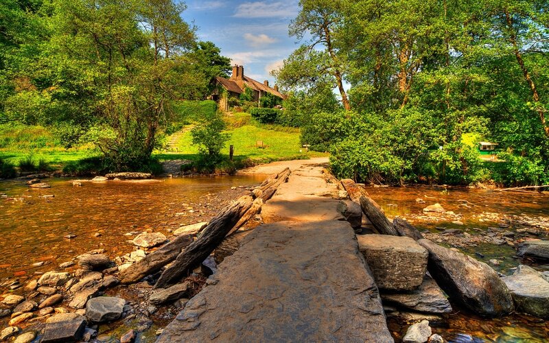 Stone Bridge over River — Green, Serene, Afternoon, Photograph, Trees, House