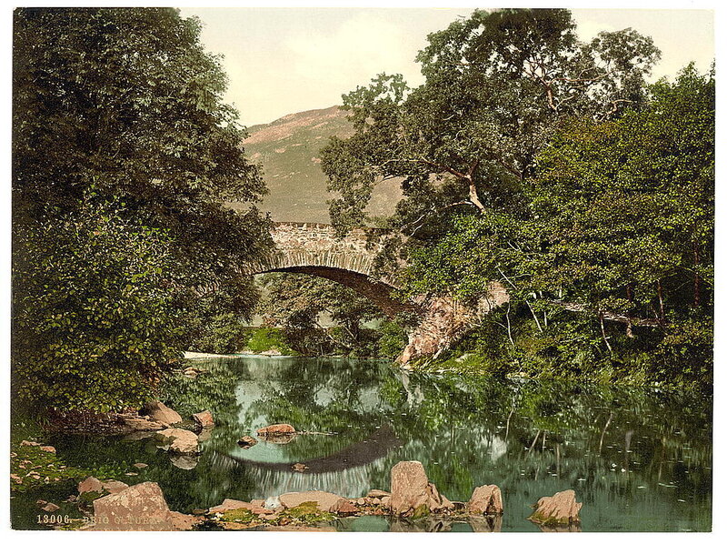 Stone Bridge over River — Green, Serene, Afternoon, Photograph, Trees, Mountain, Brown