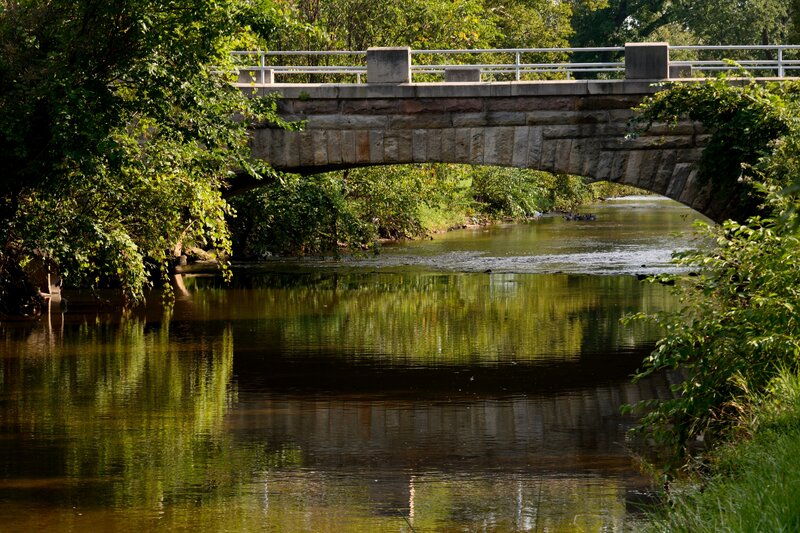Stone Bridge over River — Green, Serene, Afternoon, Photograph, Trees, Railings