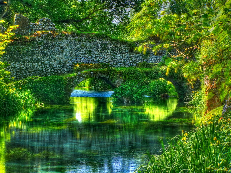 Stone Bridge over River — Green, Serene, Afternoon, Photograph, Trees, Ruins