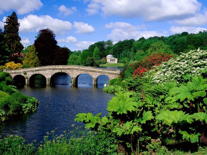 Stone Bridge over River — Green, Serene, Afternoon, Photograph, Trees, Temple, Blue