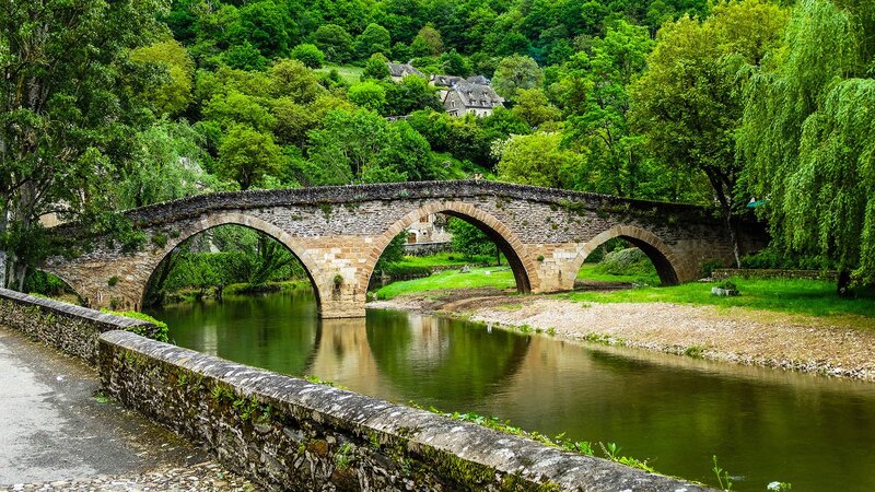 Stone Bridge over River — Green, Serene, Afternoon, Photograph, Trees, Village